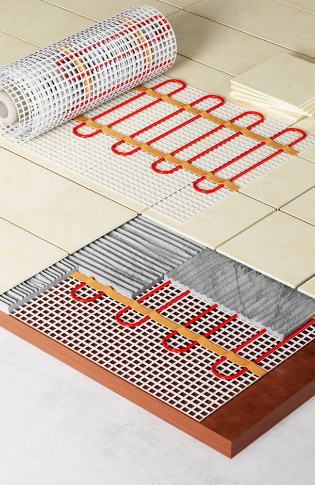 Realistic 3d render underfloor heating. Electric floor heating system
